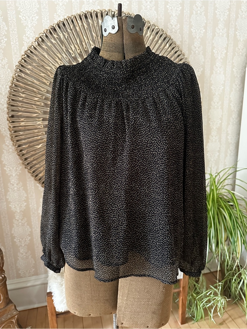 LOFT Black Speckled Smocked-Neck Long Sleeve Blouse